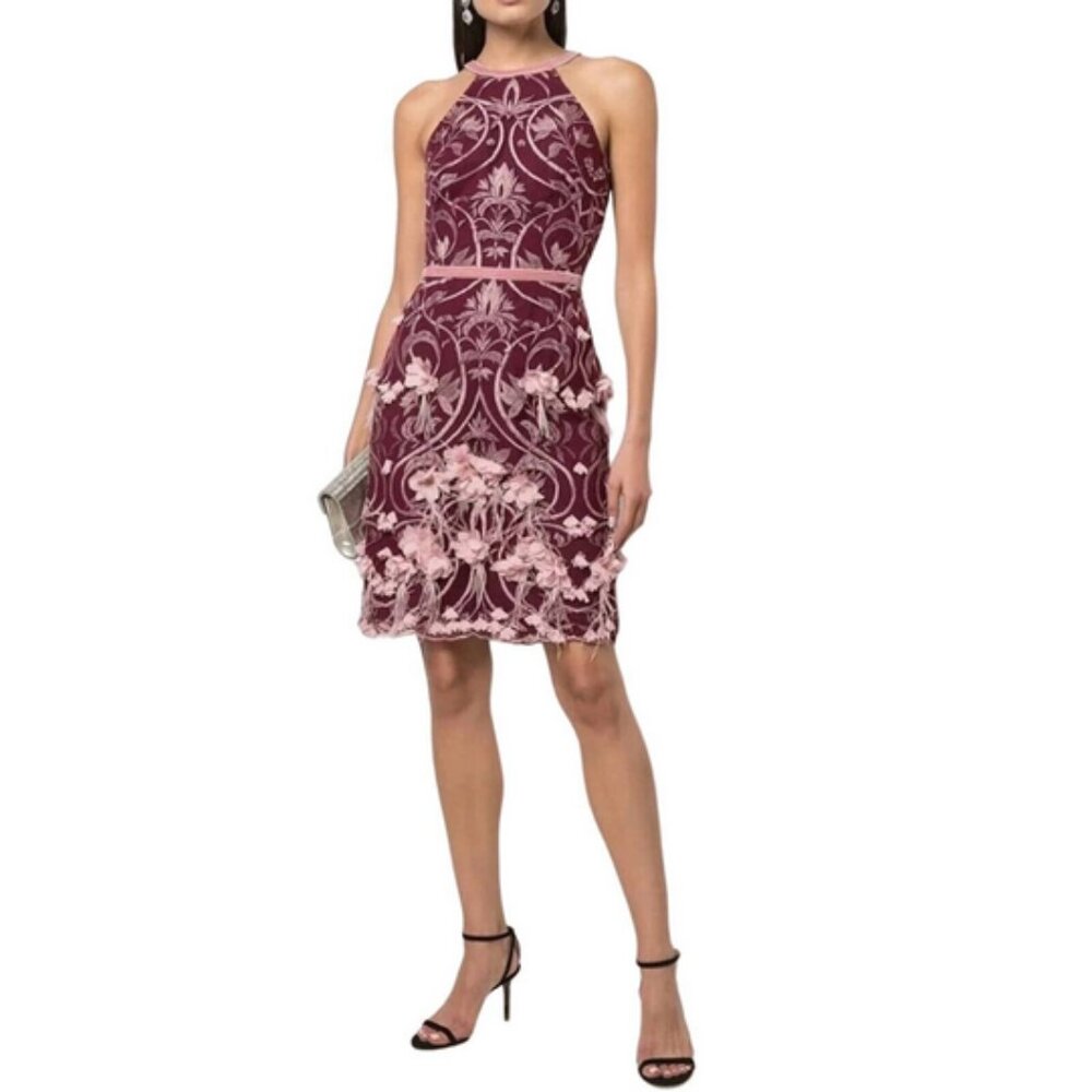 🌸 Marchesa Notte Embroidered Maroon Dress Feathers Velvet Couture Floral Art 8